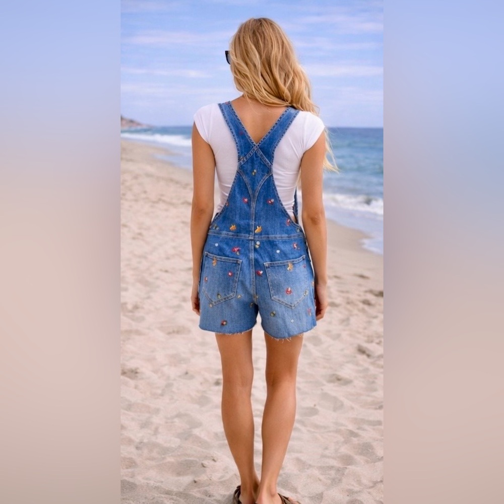 DRIFTWOOD x Anthropologie Blue Denim Overalls with Cute Mushroom Embroidery. - Picture 2 of 9